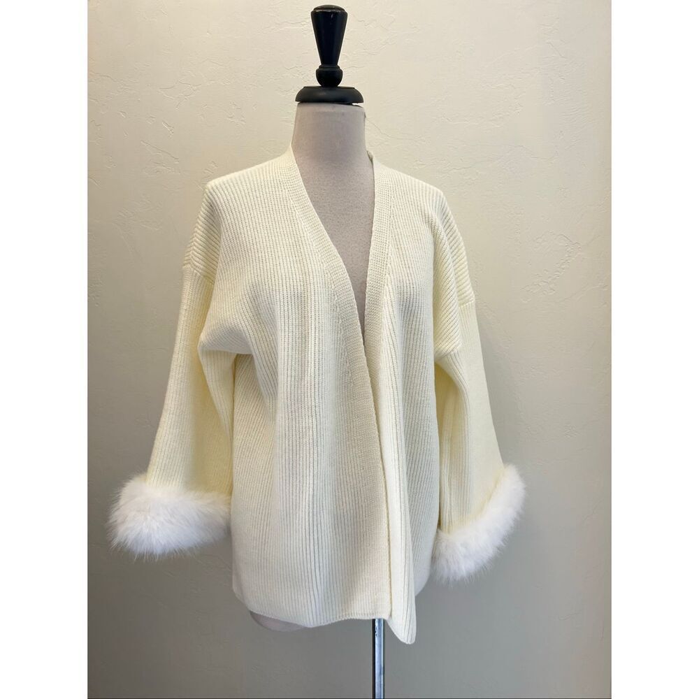 Sierra Darien Women's Ribbed Faux Fur Open-Front Cardigan Sweater Cream XS NWT